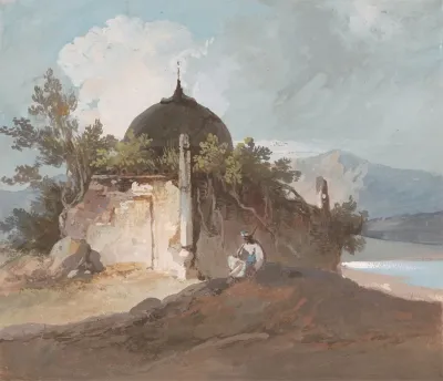 Figure Seated By An Indian Temple