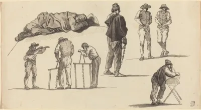 Figure Studies Including One Man Sleeping On The Ground And Two Men Sawing