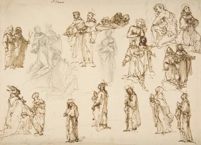 Figure Studies Standing And Kneeling Clerics And Religious Adam And Eve And A Reclining Skeleton