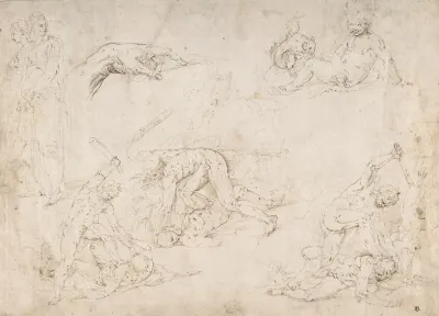 Figure Studies Three Sketches Of Cain Killing Abel With An Altar Of Sacrifice At Center Two Standing Women A Hand And A Seated Child With A Squirrel