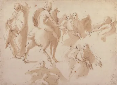 Figure Studies Warrior On Horseback And Groups Of Standing Female Figures
