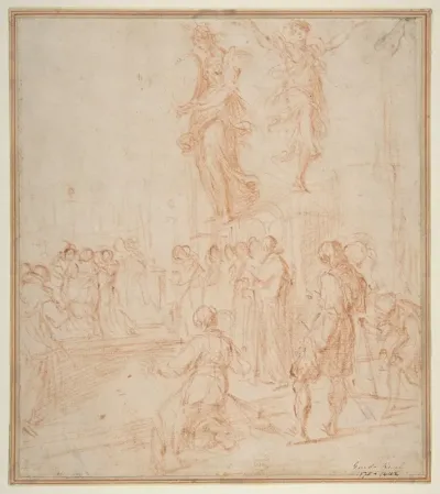Figure Studies Woman Holding A Shield A Dancing Female And A Priest Supported At An Altar Before A Group Of Onlookers