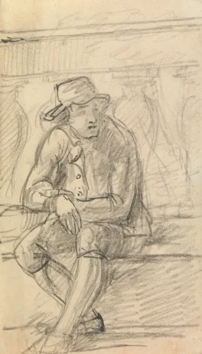 Figure Study Of A Young Man With A Hat Sitting Outside