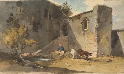 Figure With Cattle Standing In The Shadow Of A Building