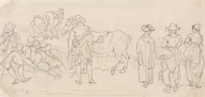 Figure With Lute And Tambourine With Other Figures Men Resting Country Women Horses Etc