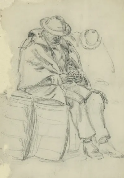 Figure Wrapped In Blanket Sitting On A Barrel And Reading