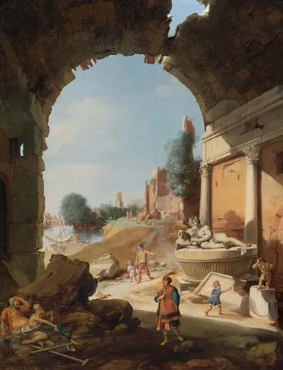 Figures Among Ruins By The Tiber