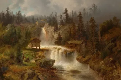 Figures Before A Mill In A Mountainous River Landscape At The Mill Falls