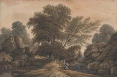 Figures Beside A Waterfall And Pool In A Wooded Landscape