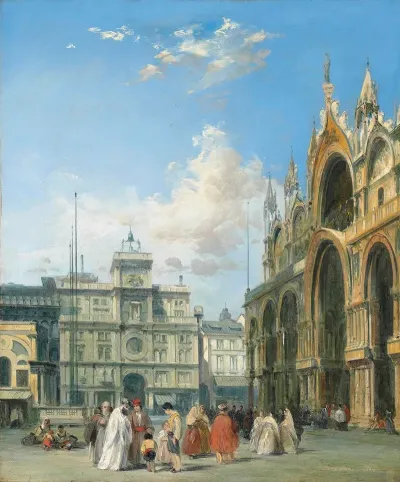 Figures Beside The Basilica Of San Marco And The Torre Dellorlogio Venice