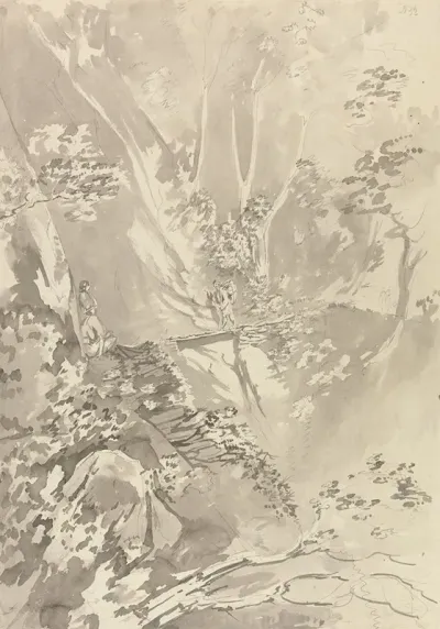 Figures Crossing A Bridge Over A Ravine