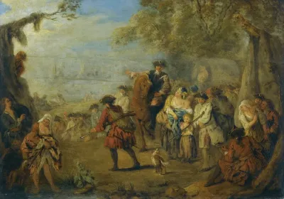 Figures In A Military Encampment With A Horseman Directing Troops