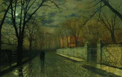 Figures In A Moonlit Lane After Rain