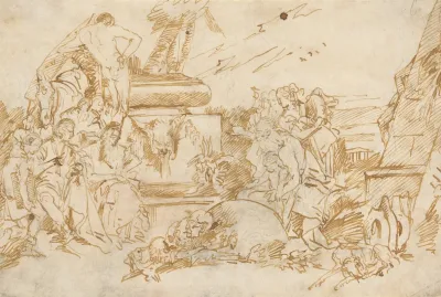 Figures In Antique Dress Grouped About A Pagan Tomb