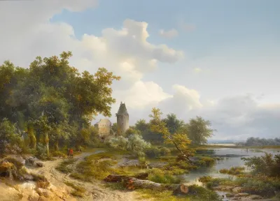 Figures On A Country Lane Beside A Ruined Castle