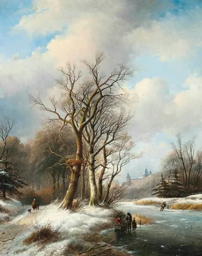 Figures On A Frozen Waterway A Castle Beyond