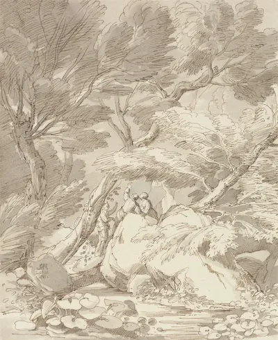 Figures On A Rocky River Bank At Canonteign Devon