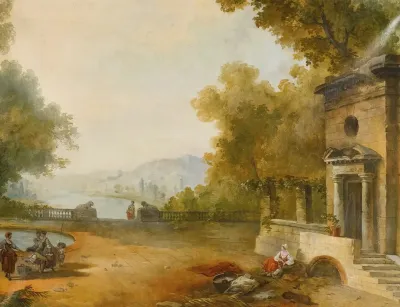 Figures On A Terrace Overlooking A Large Lake