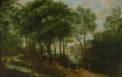 Figures On A Wooded Path With A Building Behind