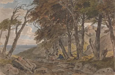 Figures On The Bank Of A Wooded Lane With Sea In Distance Left