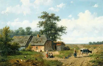 Figures Outside A Cottage On A Sunny Day