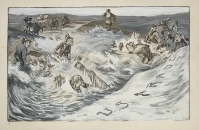 Figures Representing Other Countries Including Italy And Great Britain Are Overwhelmed As They Try To Stop Incoming Waves Representing U S Trade