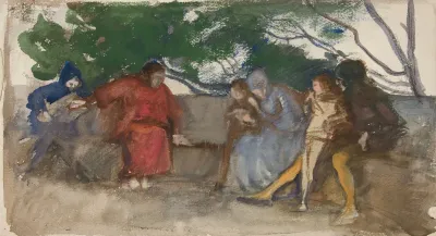 Figures Seated Along An Outdoor Bench