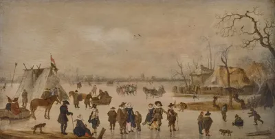Figures Skating And Riding In Carriages On A Frozen Lake With A Tent And A Town In The Distance