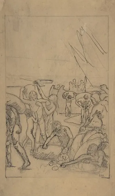 Figures Unloading Cargo From Sailing Vessels