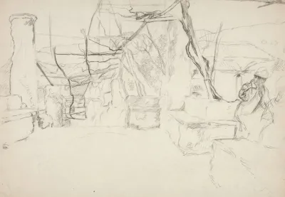 Figures Walking Among Old Ruins