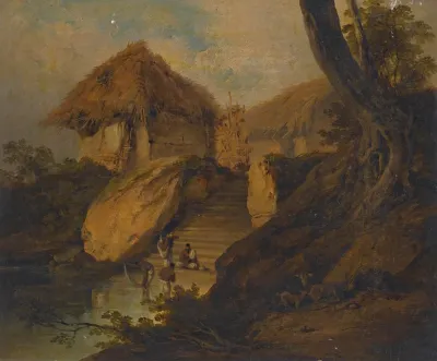 Figures Washing In A River With Thatched Huts Behind Bengal India