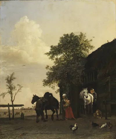 Figures With Horses By A Stable