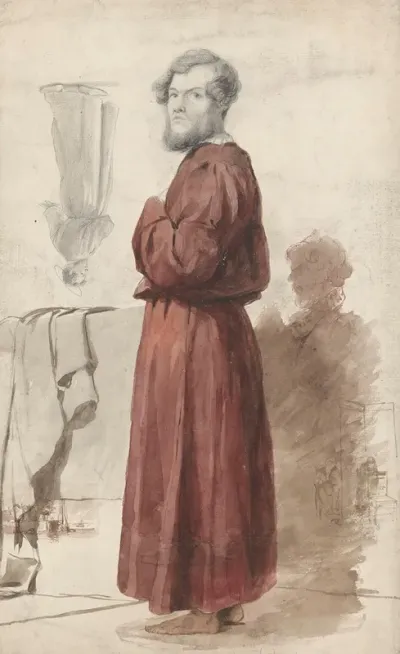 Figuurstudies Met Een Staande Man In Rode Kamerjas