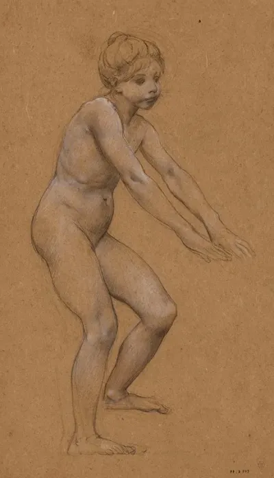 Fillette Nue Debout De Trois Quarts A Droite Les Mains En Avant