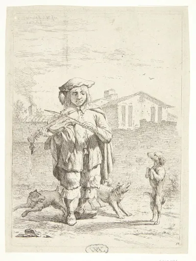 Fiolspiller Med Tre Hunde Savoyarden