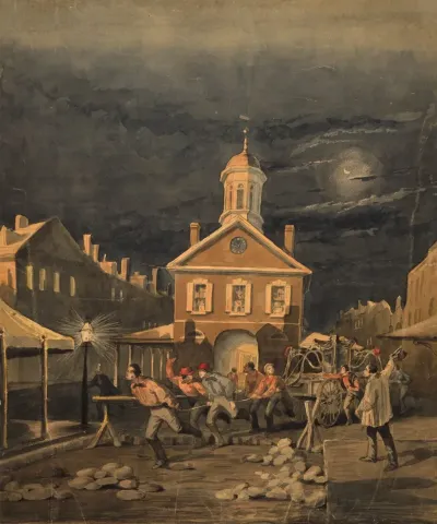 Firehouse Scene Showing Firemen Leaving Firehouse Pulling A Hand Drawn Fire Engine