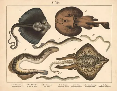 Fische A Der Adlerrochen B Der Zitterrochen C Der Dornrochen D Die Lamprete E Die Prike