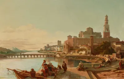 Fischer Und Weitere Figuren Am Ufer Des Guadalquivir Mit Blickauf Die Romische Brucke Und Der Grosen Moschee Von Cordoba