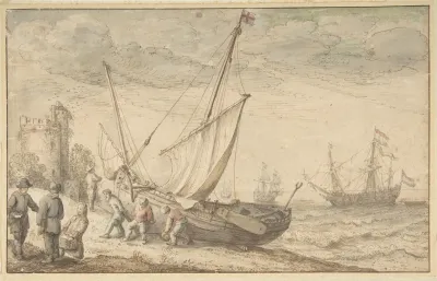 Fisherfolk Hauling Their Boat Onto The Shore