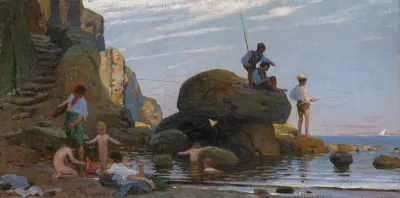 Fisherman And Bathing Children At The Sea Beach