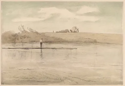 Fisherman On A Raft Cart Of Hay Visible In The Distance On The Shore Of The Lake