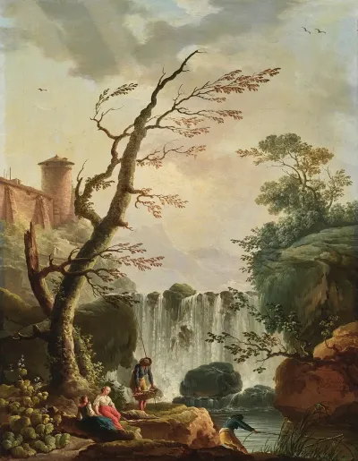 Fishermen At The Edge Of A Rocky Basin A Waterfall And A Castle In The Background