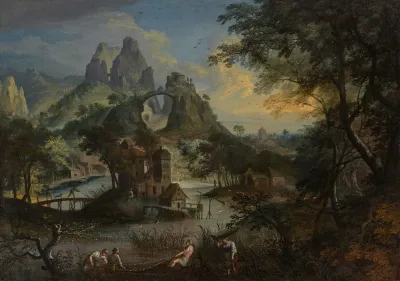 Fishermen Hauling In The Catch In An Extensive Landscape A Village Beyond