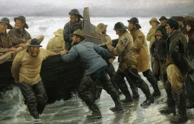 Fishermen Launching A Rowing Boat