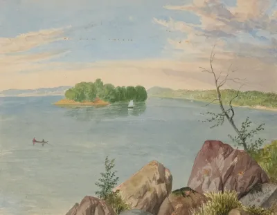 Fishermen On Lake With Sailboat