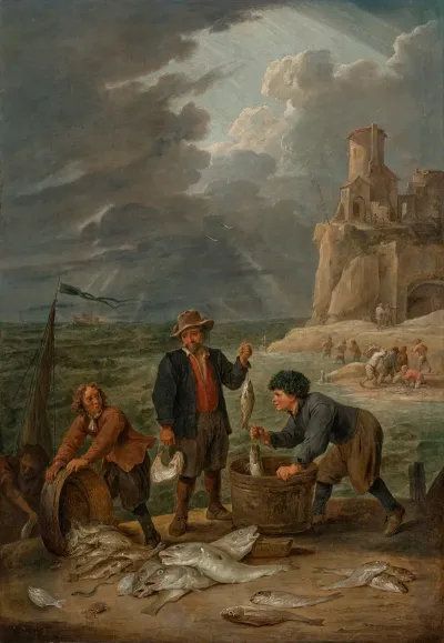 Fishermen Returning To Shore With Their Catch In The Background Other Fisherman Beneath A Lighthouse On A Cliff