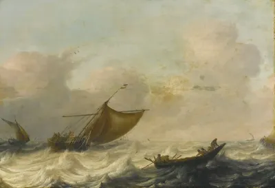 Fishing And Rowing Boats Among Choppy Waters