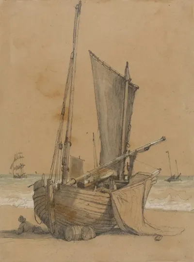 Fishing Boat On The Beach With A Brig At Sea