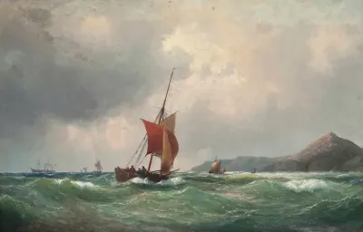 Fishing Boats Off A Rocky Coastline A Paddle Steamer Beyond