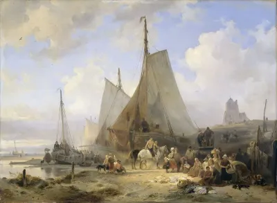 Fishing Boats On The Beach With Fishermen And Women Sorting The Catch